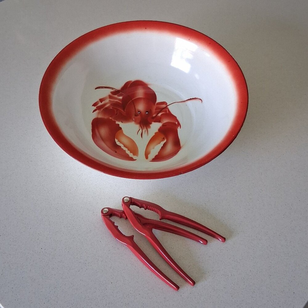 Large 12.5" Enamelware Metal Lobster Bowl w/2 Red Cracking Utensils